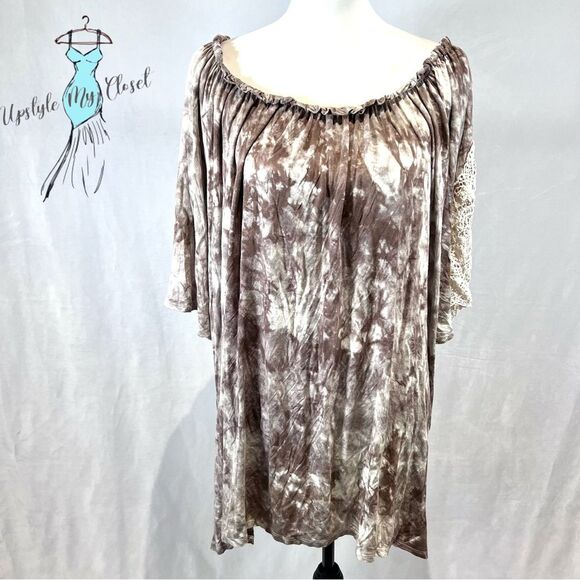 Boutique mocha and white tie dye on or off shoulder lace sleeve top size 3X - Picture 1 of 5